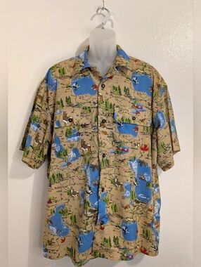 Roots Outdoors Novelty Print Forest Mountains Cabincore Canada Shirt XL